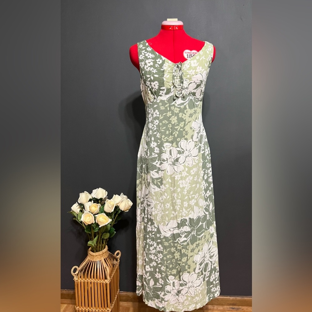 White Stag Green and White Floral Slip Dress with Lace Tie